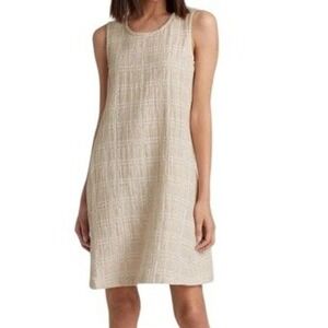 Eileen Fisher Shift Dress XL Beige Organic Cotton Linen Plaid Lagenlook Coastal